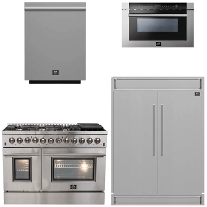 FORNO Appliance Package - 48 Inch Dual Fuel Range, 60 Inch Refrigerator, Microwave Drawer, Dishwasher, AP-FFSGS6156-48-7