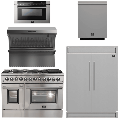 FORNO Package - 48 Inch Dual Fuel Range, Wall Mount Range Hood, Refrigerator, Microwave Drawer, Dishwasher, AP-FFSGS6156-48-8