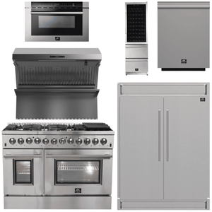 FORNO Appliance Package - 48 Inch Dual Fuel Range, Range Hood, Refrigerator, Microwave Drawer, Dishwasher, Wine Cooler, AP-FFSGS6156-48-9