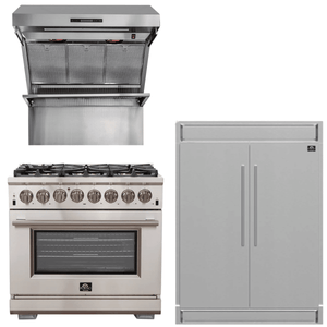 FORNO Appliance Package - 36 Inch Gas Burner/Electric Oven Pro Range, Wall Mount Range Hood, Refrigerator, AP-FFSGS6187-36-4
