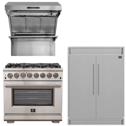 FORNO Appliance Package - 36 Inch Gas Burner/Electric Oven Pro Range, Wall Mount Range Hood, Refrigerator, AP-FFSGS6187-36-4