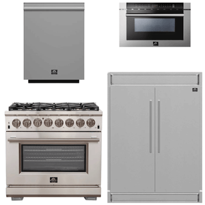 FORNO Appliance Package - 36 Inch Gas Burner/Electric Oven Pro Range, Refrigerator, Microwave Drawer, Dishwasher, AP-FFSGS6187-36-7