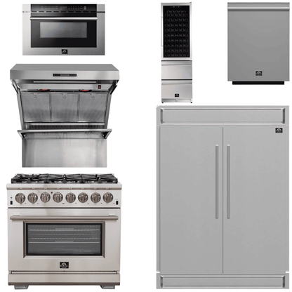 FORNO Package - 36" Dual Fuel Range, Range Hood, Refrigerator, Microwave, Dishwasher, Wine Cooler, AP-FFSGS6187-36-9