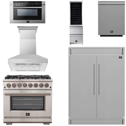 FORNO Package - 36" Dual Fuel Range, Range Hood, Refrigerator, Microwave, Dishwasher, Wine Cooler
