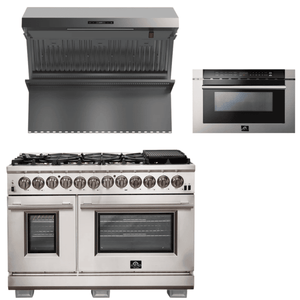 FORNO Appliance Package - 48 Inch Gas Burner/Electric Oven Pro Range, Wall Mount Range Hood, Microwave Drawer, AP-FFSGS6187-48-3