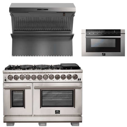 FORNO Appliance Package - 48 Inch Gas Burner/Electric Oven Pro Range, Wall Mount Range Hood, Microwave Drawer, AP-FFSGS6187-48-3