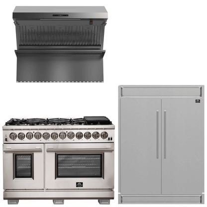 FORNO Appliance Package - 48 Inch Gas Burner/Electric Oven Pro Range, Wall Mount Range Hood, Refrigerator, AP-FFSGS6187-48-4