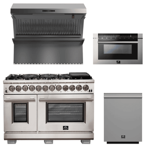 FORNO Appliance Package - 48 Inch Gas Burner/Electric Oven Pro Range, Wall Mount Range Hood, Microwave Drawer, Dishwasher, AP-FFSGS6187-48-6