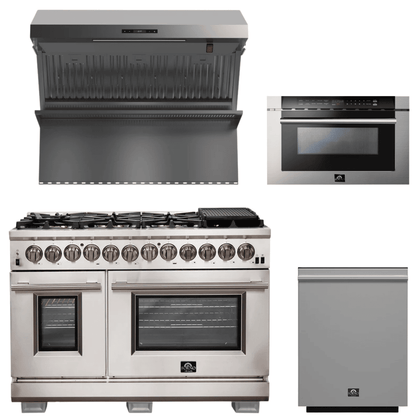 FORNO Appliance Package - 48 Inch Gas Burner/Electric Oven Pro Range, Wall Mount Range Hood, Microwave Drawer, Dishwasher, AP-FFSGS6187-48-6