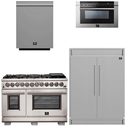 FORNO Appliance Package - 48 Inch Gas Burner/Electric Oven Pro Range, Refrigerator, Microwave Drawer, Dishwasher, AP-FFSGS6187-48-7