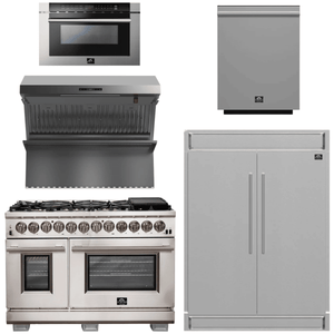 FORNO Package - 48" Dual Fuel Range, Wall Mount Range Hood, Refrigerator, Microwave, Dishwasher
