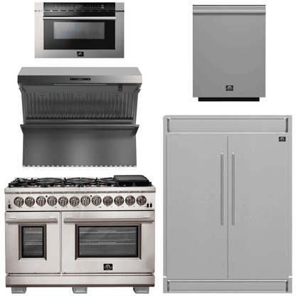 FORNO Package - 48" Dual Fuel Range, Wall Mount Range Hood, Refrigerator, Microwave, Dishwasher