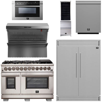 FORNO Package - 48" Dual Fuel Range, Range Hood, Refrigerator, Microwave, Dishwasher, Wine Cooler
