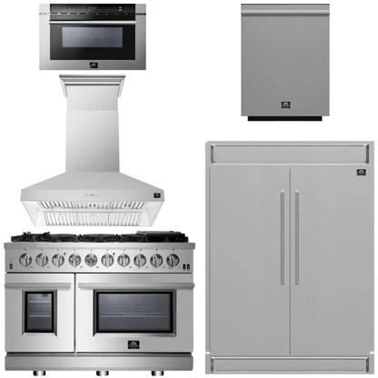 FORNO Appliance Package - 48" Gas Range, Range Hood, 60" Refrigerator, Dishwasher, Microwave Drawer, AP-FFSGS6239-48-8
