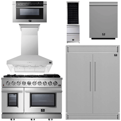 FORNO Appliance Package - 48" Gas Range, Range Hood, 60" Refrigerator, Dishwasher, Microwave Drawer, Wine Cooler, AP-FFSGS6239-48-9