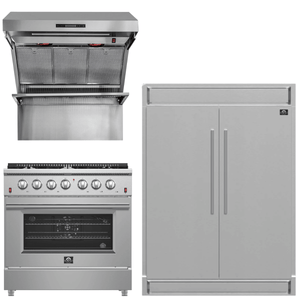 FORNO Appliance Package - 36 Inch Gas Range, Wall Mount Range Hood, 60 Inch Refrigerator, AP-FFSGS6244-36-4