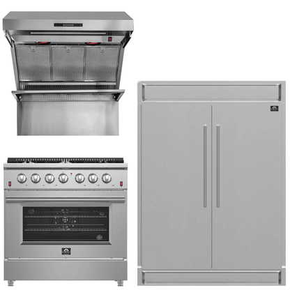 FORNO Appliance Package - 36 Inch Gas Range, Wall Mount Range Hood, 60 Inch Refrigerator, AP-FFSGS6244-36-4