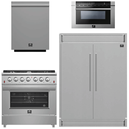 FORNO Appliance Package - 36 Inch Gas Range, 60 Inch Refrigerator, Microwave Drawer, Dishwasher, AP-FFSGS6244-36-7