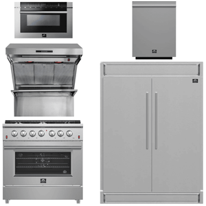 FORNO Package - 36 Inch Gas Range, Wall Mount Range Hood, Refrigerator, Microwave Drawer, Dishwasher, AP-FFSGS6244-36-8