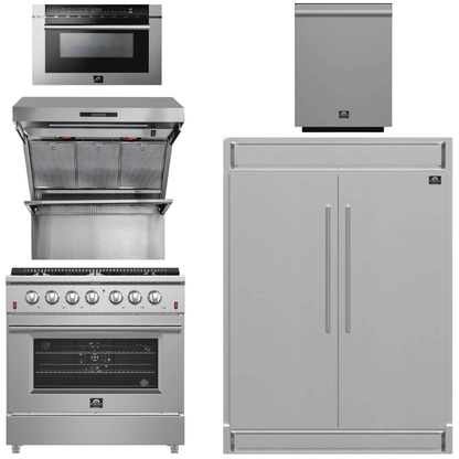 FORNO Package - 36 Inch Gas Range, Wall Mount Range Hood, Refrigerator, Microwave Drawer, Dishwasher, AP-FFSGS6244-36-8