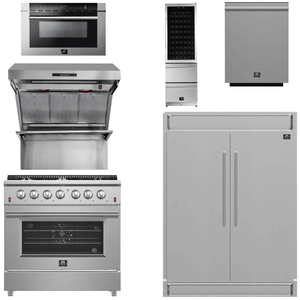 FORNO Appliance Package - 36 Inch Gas Range, Range Hood, Refrigerator, Microwave Drawer, Dishwasher, Wine Cooler, AP-FFSGS6244-36-9