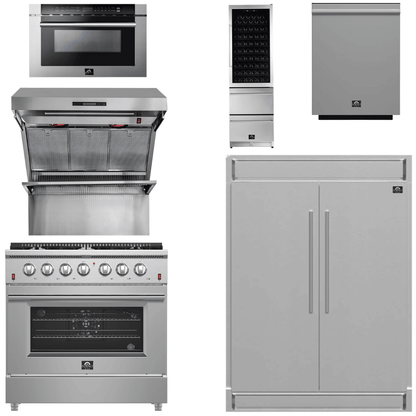 FORNO Appliance Package - 36 Inch Gas Range, Range Hood, Refrigerator, Microwave Drawer, Dishwasher, Wine Cooler, AP-FFSGS6244-36-9