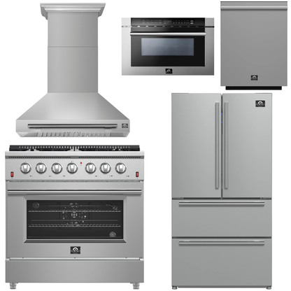 FORNO Galiano Package - 36" Chef Door Gas Range, Range Hood, 36" Refrigerator with Ice Maker, Dishwasher, 24" Microwave Drawer in Stainless Steel, AP-FFSGS6244-36-C