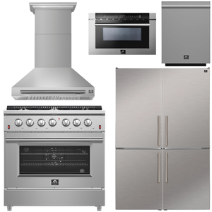 FORNO Galiano Package - 36" Chef Door Gas Range, Range Hood, 46.8" Refrigerator with Bottom Freezer and Ice Maker, Dishwasher, 24" Microwave Drawer in Stainless Steel, AP-FFSGS6244-36-D