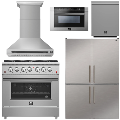 FORNO Galiano Package - 36" Chef Door Gas Range, Range Hood, 46.8" Refrigerator with Bottom Freezer and Ice Maker, Dishwasher, 24" Microwave Drawer in Stainless Steel, AP-FFSGS6244-36-D