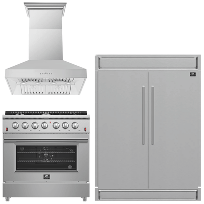FORNO Appliance Package - 36 Inch Gas Range, Wall Mount Range Hood, 60 Inch Refrigerator, AP-FFSGS6244-36-W-4