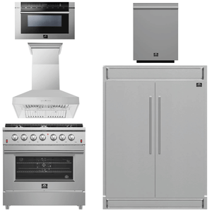 FORNO Package - 36 Inch Gas Range, Wall Mount Range Hood, Refrigerator, Microwave Drawer, Dishwasher, AP-FFSGS6244-36-W-8