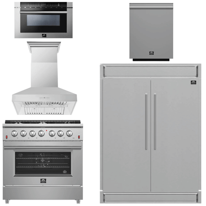 FORNO Package - 36 Inch Gas Range, Wall Mount Range Hood, Refrigerator, Microwave Drawer, Dishwasher, AP-FFSGS6244-36-W-8