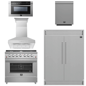 FORNO Package - 36 Inch Gas Range, Wall Mount Range Hood, Refrigerator, Microwave Drawer, Dishwasher, AP-FFSGS6244-36-W-8