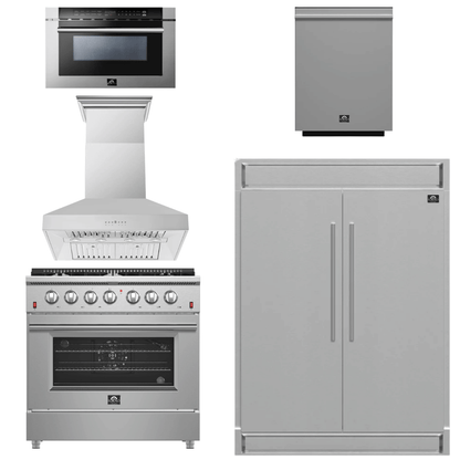 FORNO Package - 36 Inch Gas Range, Wall Mount Range Hood, Refrigerator, Microwave Drawer, Dishwasher, AP-FFSGS6244-36-W-8