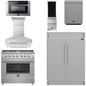 FORNO Appliance Package - 36 Inch Gas Range, Wall Mount Range Hood, Refrigerator, Microwave Drawer, Dishwasher, Wine Cooler, AP-FFSGS6244-36-W-9