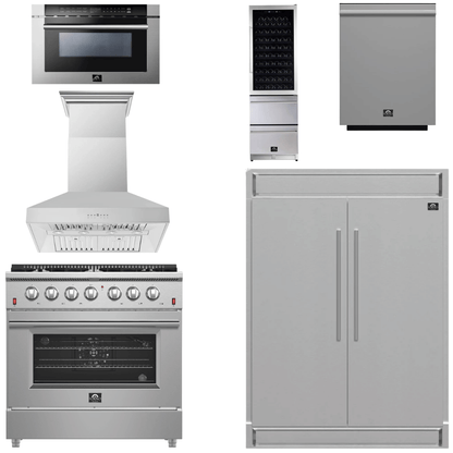 FORNO Appliance Package - 36 Inch Gas Range, Wall Mount Range Hood, Refrigerator, Microwave Drawer, Dishwasher, Wine Cooler, AP-FFSGS6244-36-W-9