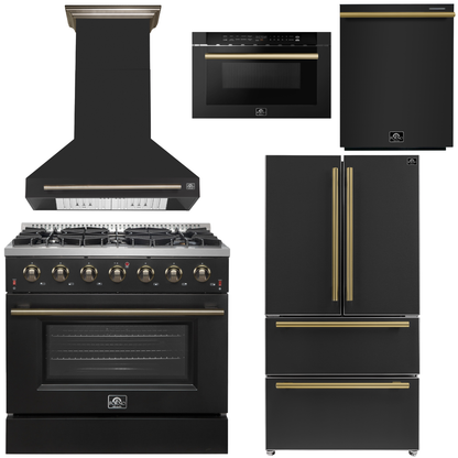 FORNO Galiano Package - 36" Chef Door Gas Range, Range Hood, 36" Refrigerator with Ice Maker, Dishwasher, 24" Microwave Drawer in Black with Antique Brass Accents, AP-FFSGS6244-36BLK-C