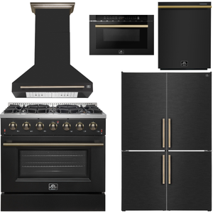 FORNO Galiano Package - 36" Chef Door Gas Range, Range Hood, 46.8" Refrigerator with Bottom Freezer and Ice Maker, Dishwasher, 24" Microwave Drawer in Black with Antique Brass Accents, AP-FFSGS6244-36BLK-D