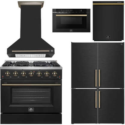 FORNO Galiano Package - 36" Chef Door Gas Range, Range Hood, 46.8" Refrigerator with Bottom Freezer and Ice Maker, Dishwasher, 24" Microwave Drawer in Black with Antique Brass Accents, AP-FFSGS6244-36BLK-D