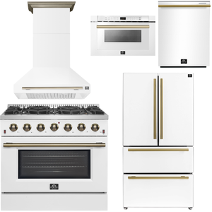 FORNO Galiano Package - 36" Chef Door Gas Range, Range Hood, 36" Refrigerator with Ice Maker, Dishwasher, 24" Microwave Drawer in White with Antique Brass Accents, AP-FFSGS6244-36WHT-C