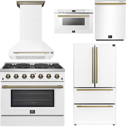 FORNO Galiano Package - 36" Chef Door Gas Range, Range Hood, 36" Refrigerator with Ice Maker, Dishwasher, 24" Microwave Drawer in White with Antique Brass Accents, AP-FFSGS6244-36WHT-C