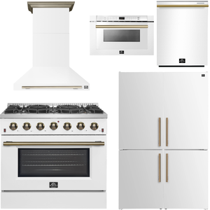 FORNO Galiano Package - 36" Chef Door Gas Range, Range Hood, 46.8" Refrigerator with Bottom Freezer and Ice Maker, Dishwasher, 24" Microwave Drawer in White with Antique Brass Accents, AP-FFSGS6244-36WHT-D