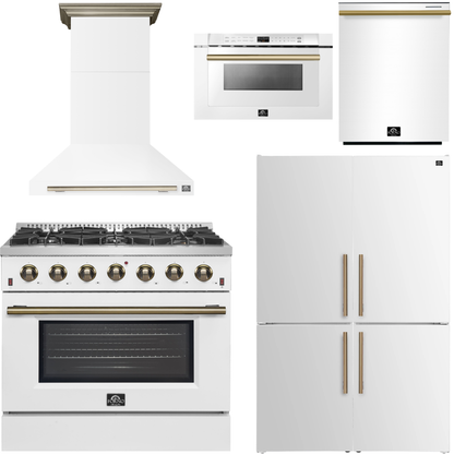 FORNO Galiano Package - 36" Chef Door Gas Range, Range Hood, 46.8" Refrigerator with Bottom Freezer and Ice Maker, Dishwasher, 24" Microwave Drawer in White with Antique Brass Accents, AP-FFSGS6244-36WHT-D