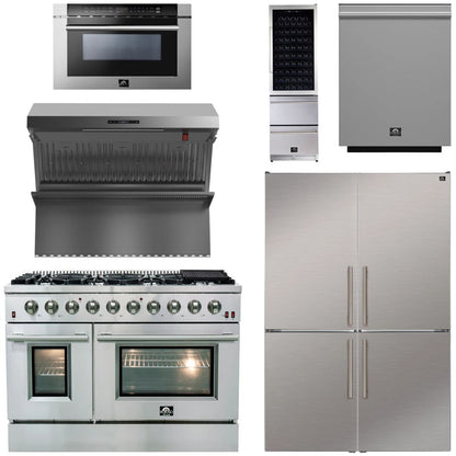FORNO Appliance Package - 48" Gas Range, 48" Range Hood, Dishwasher, 48" Refrigerator, Microwave Drawer, Wine Cooler, AP-FFSGS6244-48-14
