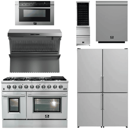 FORNO Appliance Package - 48" Gas Range, 48" Range Hood, Dishwasher, 48" Refrigerator, Microwave Drawer, Wine Cooler, AP-FFSGS6244-48-14