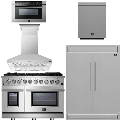 FORNO Appliance Package - 48" Gas Range, Range Hood, 60" Refrigerator, Dishwasher, Microwave Drawer, AP-FFSGS6244-48-21
