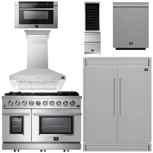 FORNO Appliance Package - 48" Gas Range, Range Hood, 60" Refrigerator, Dishwasher, Microwave Drawer, Wine Cooler, AP-FFSGS6244-48-22