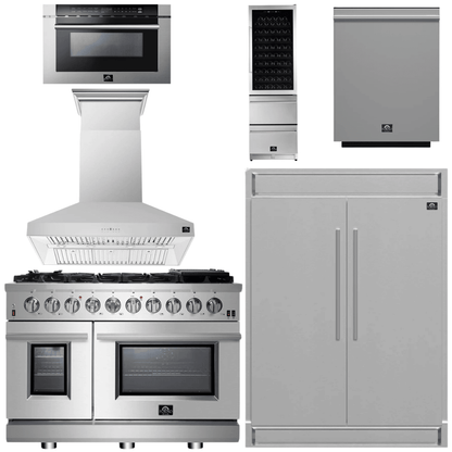 FORNO Appliance Package - 48" Gas Range, Range Hood, 60" Refrigerator, Dishwasher, Microwave Drawer, Wine Cooler, AP-FFSGS6244-48-22