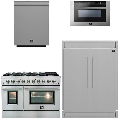 FORNO Appliance Package - 48" Gas Range, 60" Refrigerator, Microwave Drawer, Dishwasher, AP-FFSGS6244-48-26