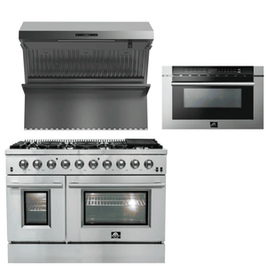 FORNO Appliance Package - 48 Inch Gas Range, Wall Mount Range Hood, Microwave Drawer, AP-FFSGS6244-48-3